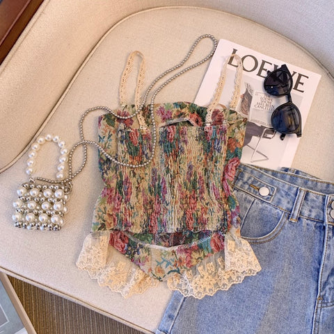 Oil Painting Floral Lace-up Top