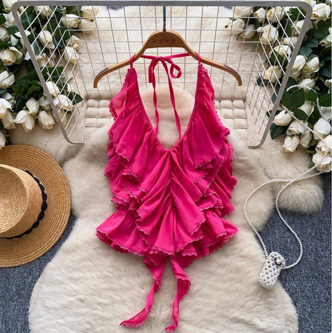 Sexy Deep V-neck Ruffled Halter Top