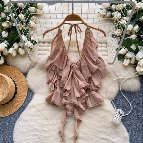 Sexy Deep V-neck Ruffled Halter Top