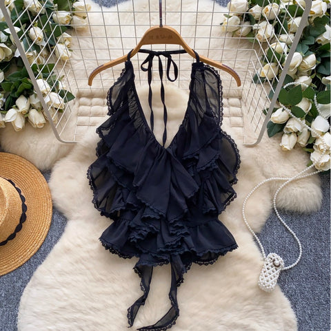 Sexy Deep V-neck Ruffled Halter Top