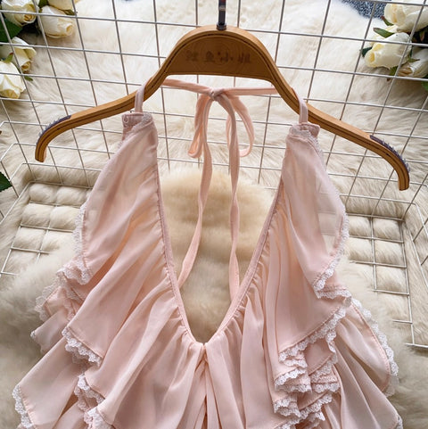 Sexy Deep V-neck Ruffled Halter Top