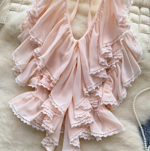 Sexy Deep V-neck Ruffled Halter Top