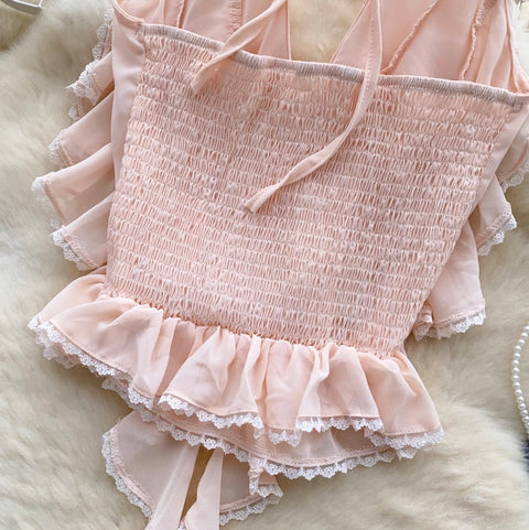 Sexy Deep V-neck Ruffled Halter Top