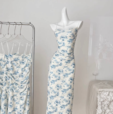 Elegant Blue Floral Slip Dress