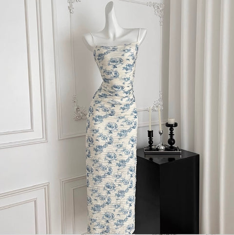 Elegant Blue Floral Slip Dress