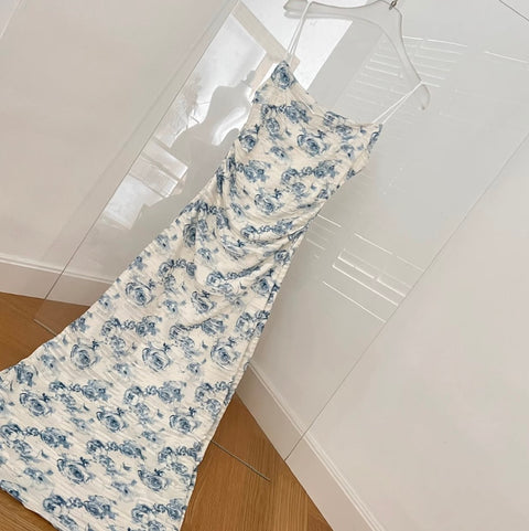 Elegant Blue Floral Slip Dress