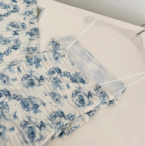 Elegant Blue Floral Slip Dress