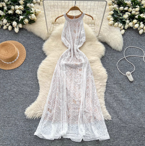 Elegant White Lace Halter Dress