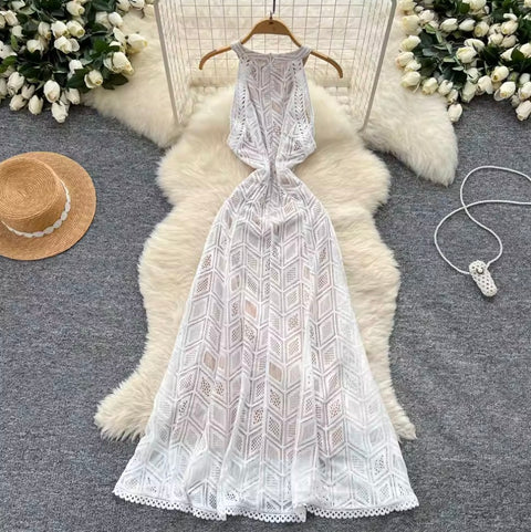 Elegant White Lace Halter Dress