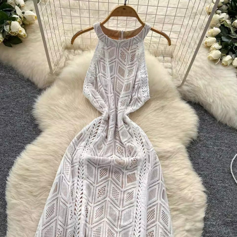 Elegant White Lace Halter Dress