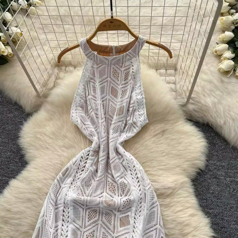 Elegant White Lace Halter Dress