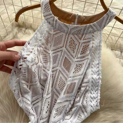 Elegant White Lace Halter Dress