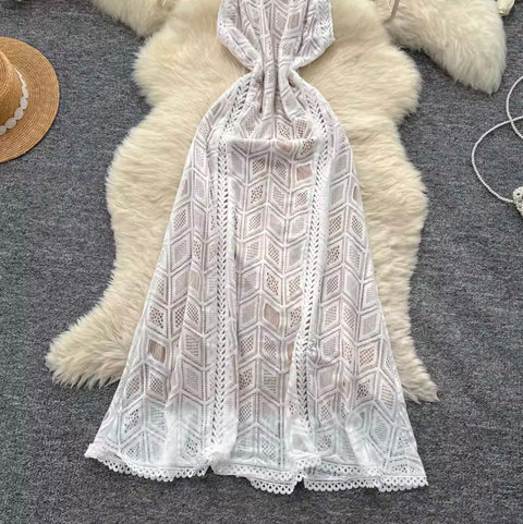 Elegant White Lace Halter Dress