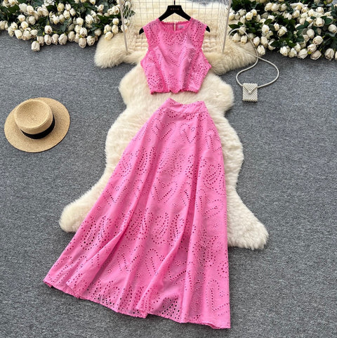Hollowed Embroidery Shirt & Skirt 2Pcs