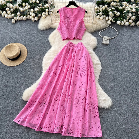 Hollowed Embroidery Shirt & Skirt 2Pcs