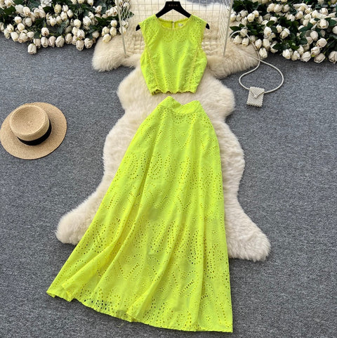 Hollowed Embroidery Shirt & Skirt 2Pcs