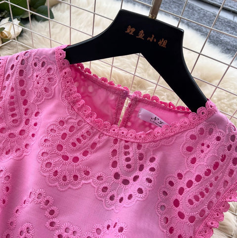 Hollowed Embroidery Shirt & Skirt 2Pcs