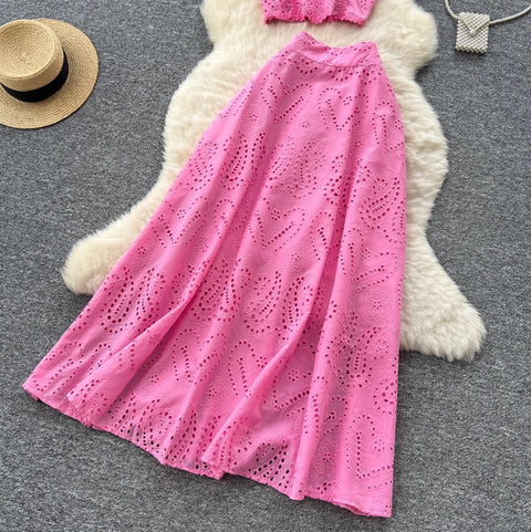 Hollowed Embroidery Shirt & Skirt 2Pcs