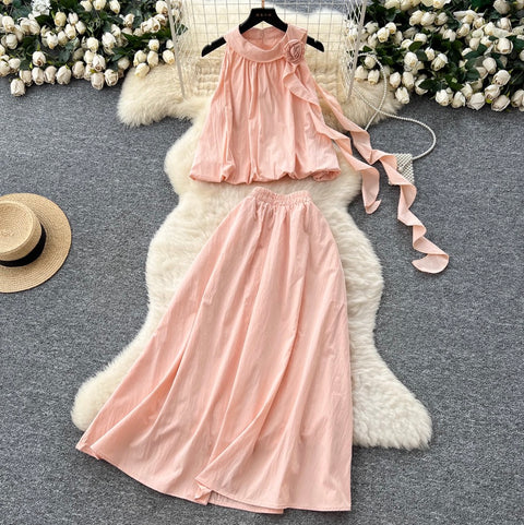 3D Flower Top & Elastic Skirt 2Pcs