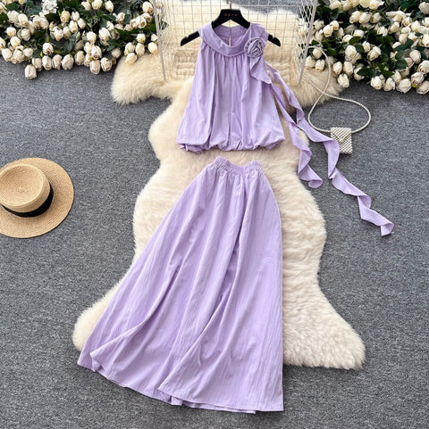 3D Flower Top & Elastic Skirt 2Pcs