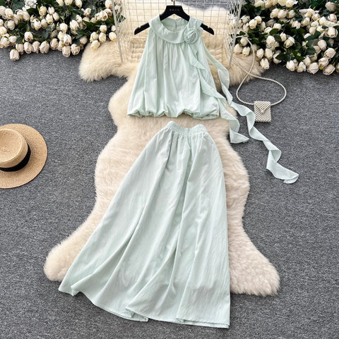 3D Flower Top & Elastic Skirt 2Pcs