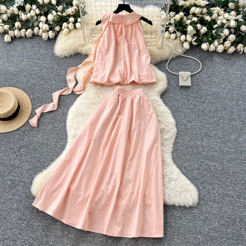 3D Flower Top & Elastic Skirt 2Pcs