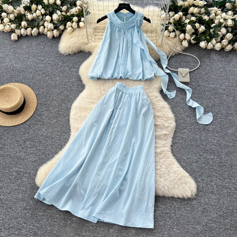 3D Flower Top & Elastic Skirt 2Pcs