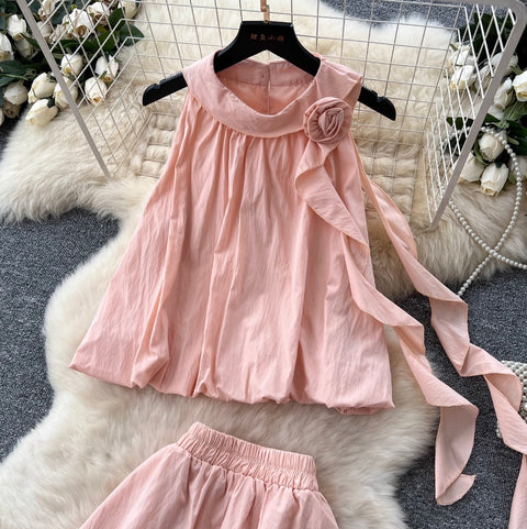 3D Flower Top & Elastic Skirt 2Pcs