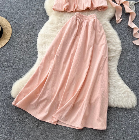 3D Flower Top & Elastic Skirt 2Pcs