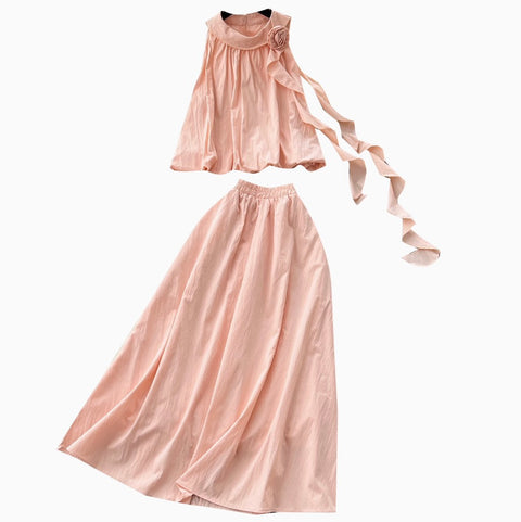 3D Flower Top & Elastic Skirt 2Pcs