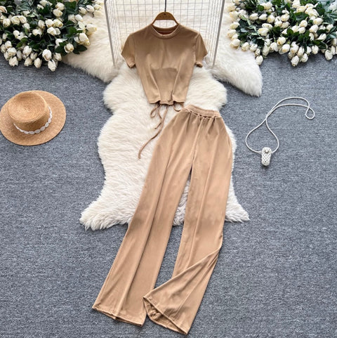 Hollowed T-shirt & Drape Trousers 2Pcs