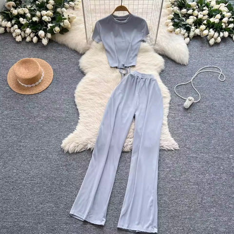 Hollowed T-shirt & Drape Trousers 2Pcs