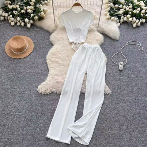 Hollowed T-shirt & Drape Trousers 2Pcs