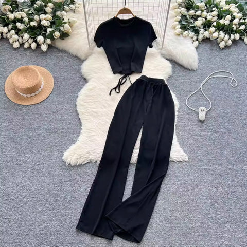 Hollowed T-shirt & Drape Trousers 2Pcs