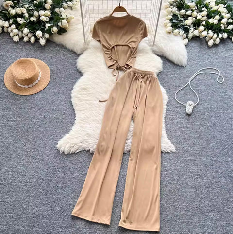 Hollowed T-shirt & Drape Trousers 2Pcs