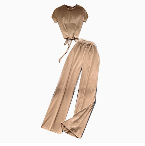 Hollowed T-shirt & Drape Trousers 2Pcs