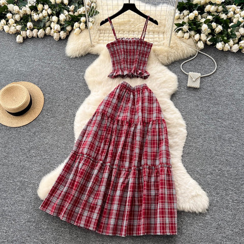 Sweetie Plaid Camisole & Skirt 2Pcs