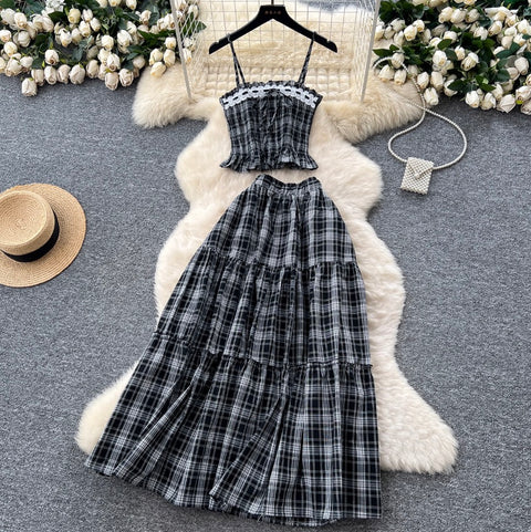 Sweetie Plaid Camisole & Skirt 2Pcs