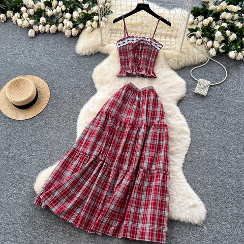 Sweetie Plaid Camisole & Skirt 2Pcs