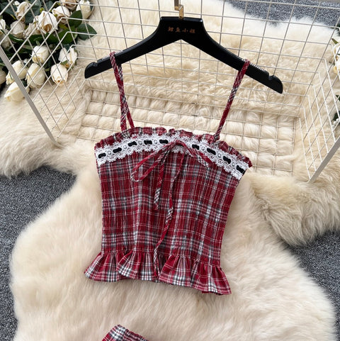 Sweetie Plaid Camisole & Skirt 2Pcs