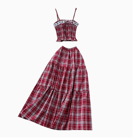 Sweetie Plaid Camisole & Skirt 2Pcs