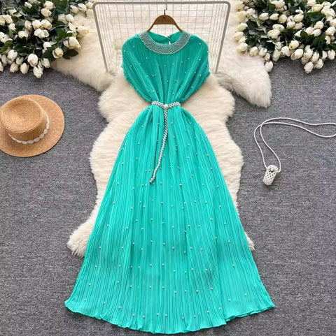 French Style Beaded Pleated Dress