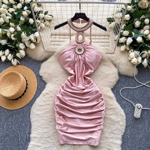 Premium Beaded Backless Halter Dress