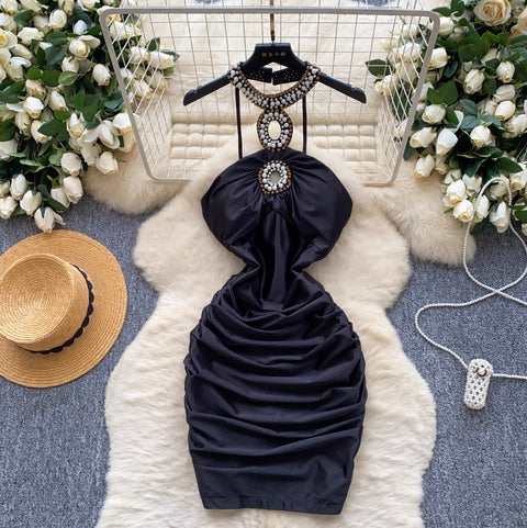 Premium Beaded Backless Halter Dress