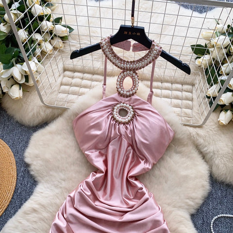 Premium Beaded Backless Halter Dress