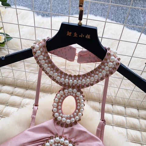 Premium Beaded Backless Halter Dress