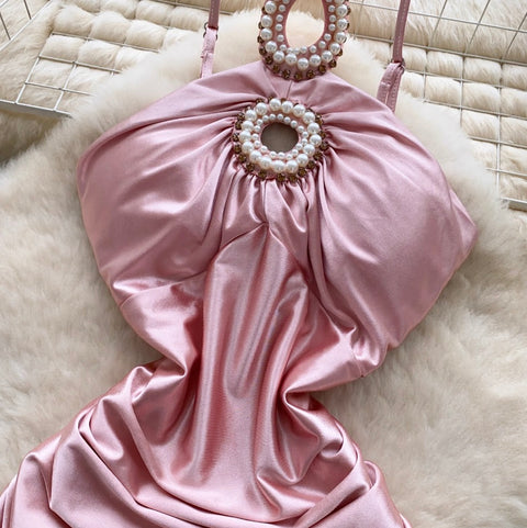 Premium Beaded Backless Halter Dress
