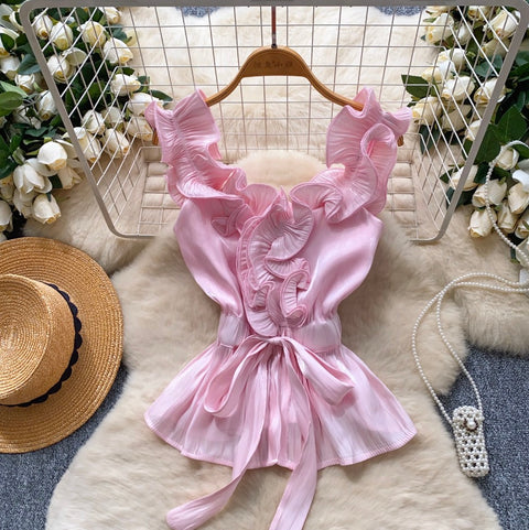 Niche Ruffled Lace-up Satin Top