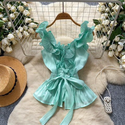 Niche Ruffled Lace-up Satin Top