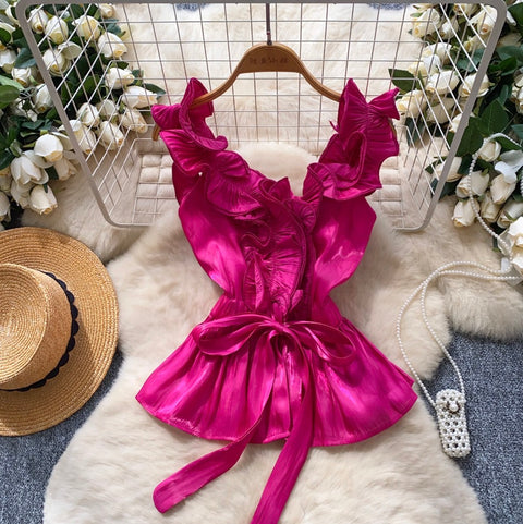 Niche Ruffled Lace-up Satin Top
